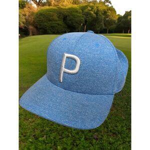 Puma Golf Tour Exclusive P White Logo Mens Blue Hat Stretch Fit 110 Snapback Cap